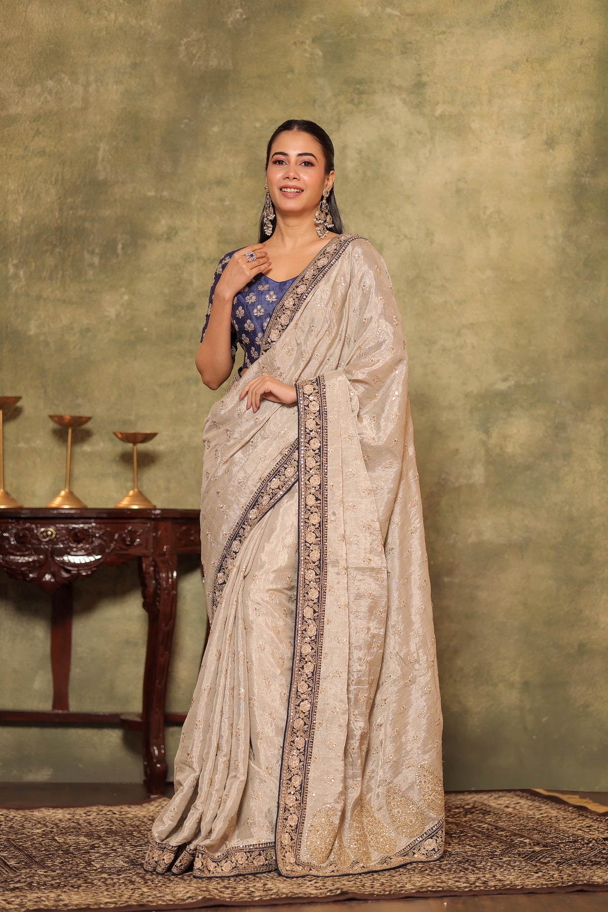 Tissue Saree with Hand-Embroidered Border