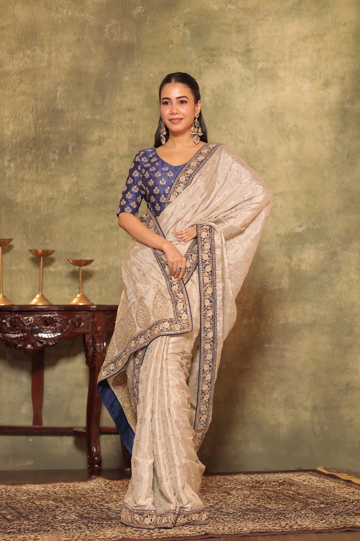 Tissue Saree with Hand-Embroidered Border