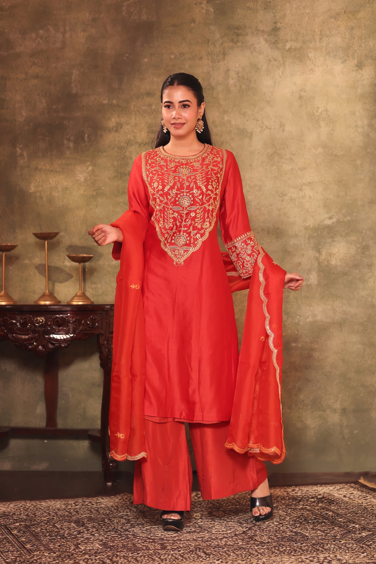 Coral Red Embroidered Three-Piece Kurta Set