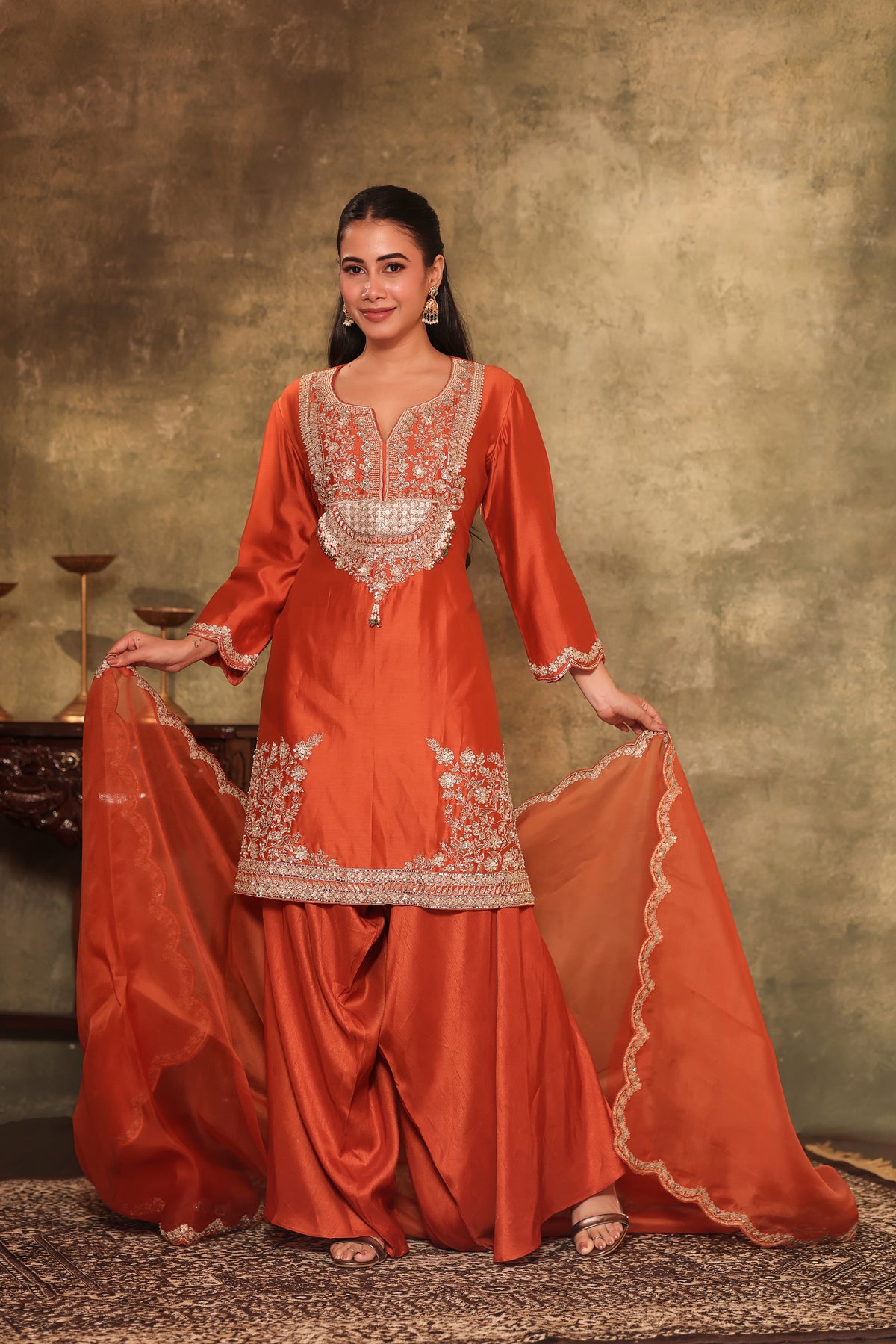 Rust Orange Embroidered Kurta Palazzo Set
