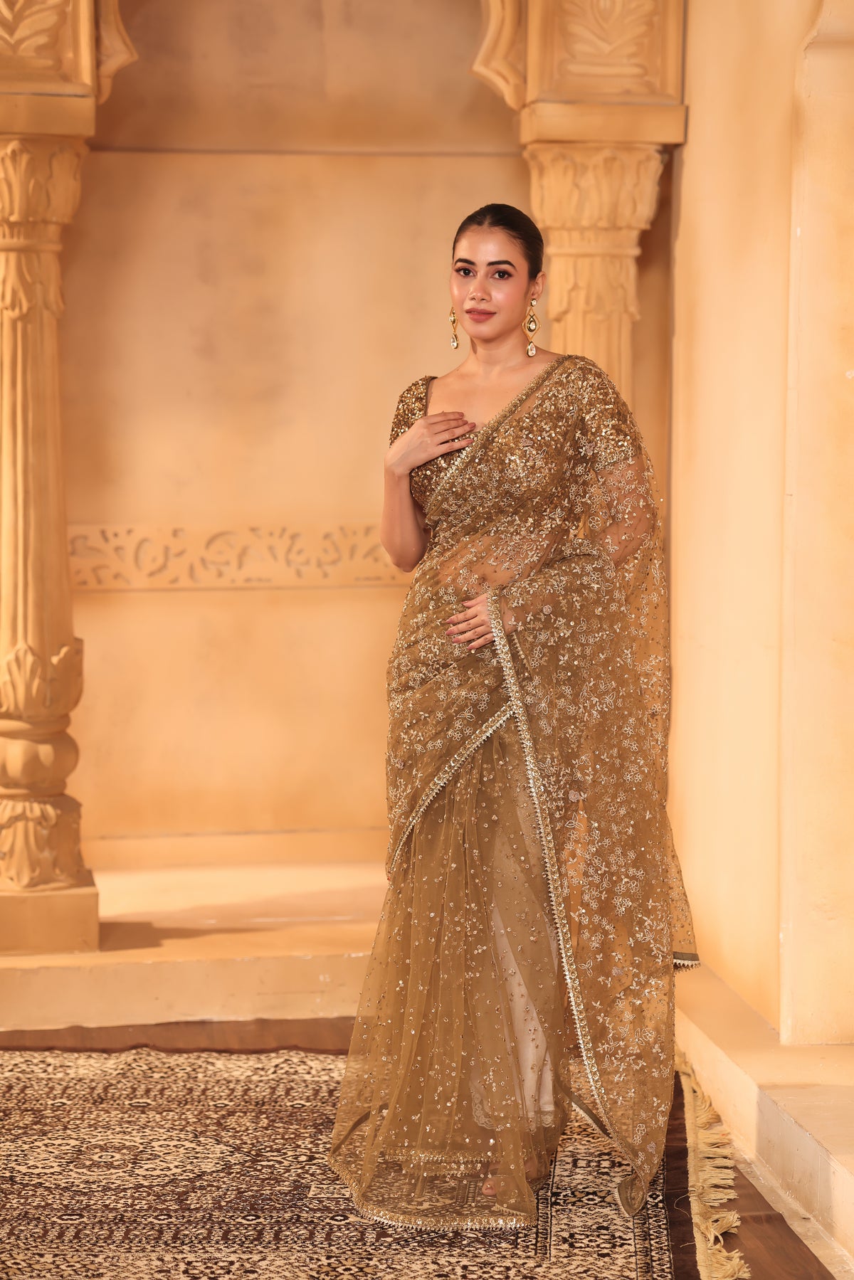 Golden Bronze Embroidered Saree