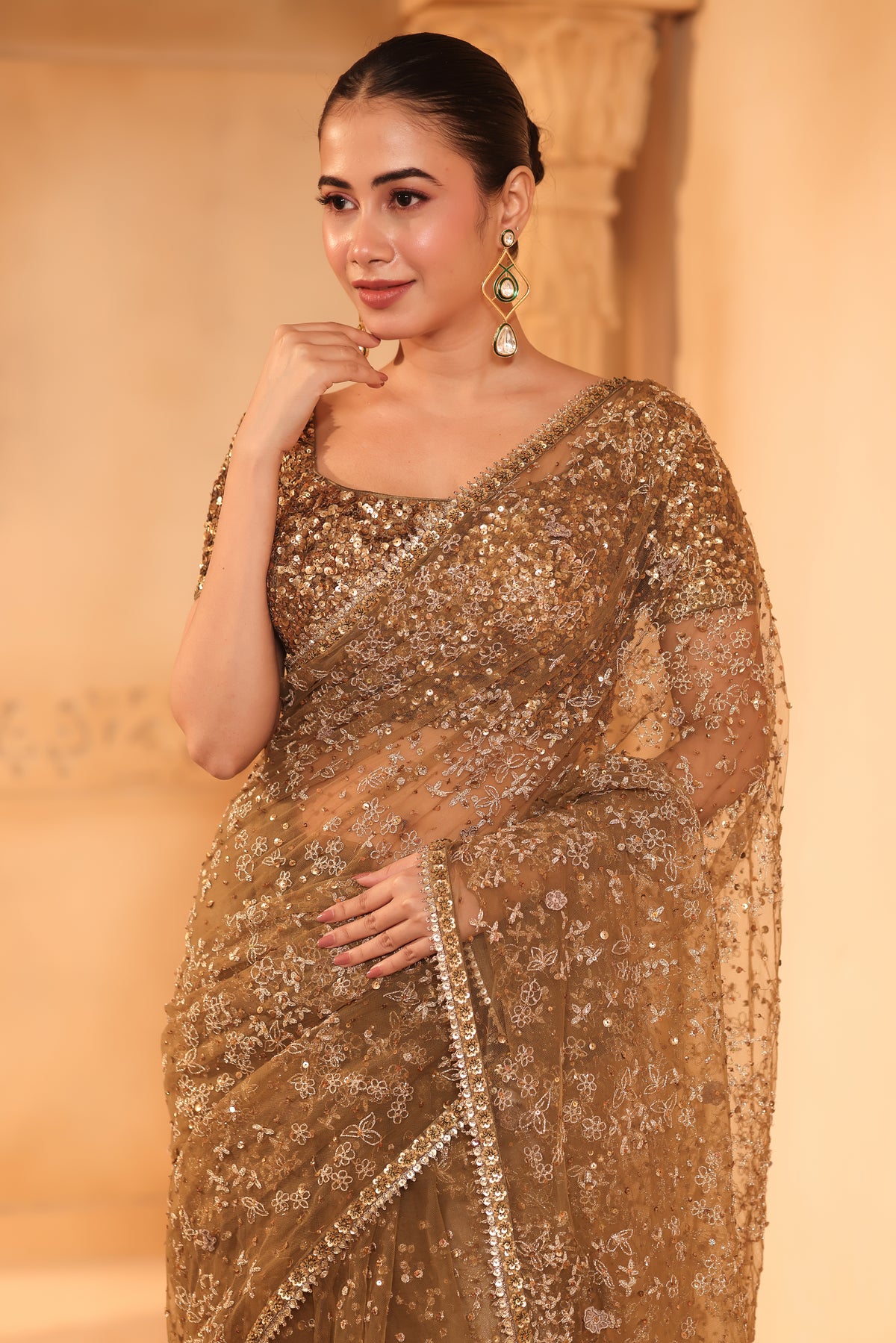 Golden Bronze Embroidered Saree