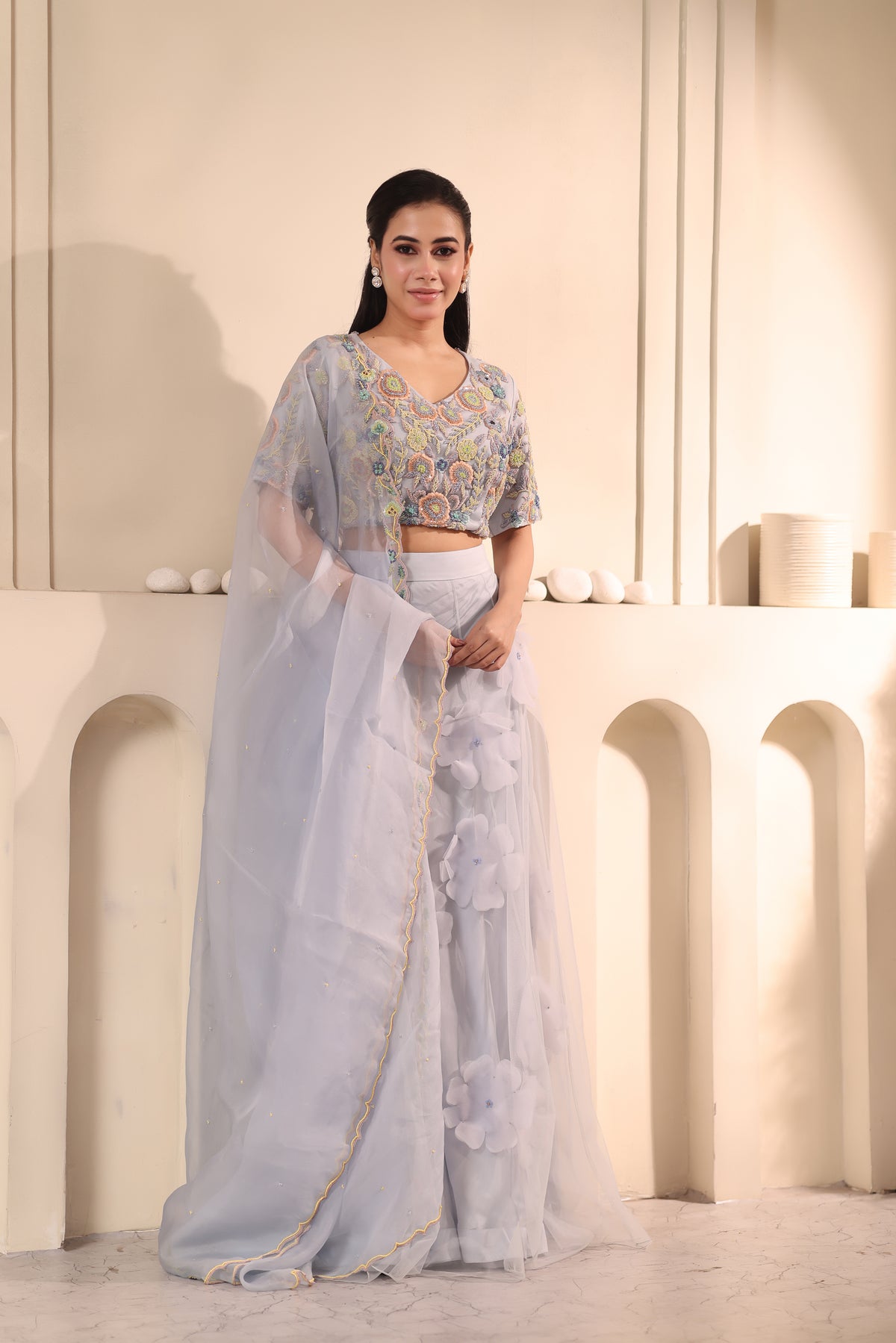 Lavender Floral Embroidered Three-Piece Set