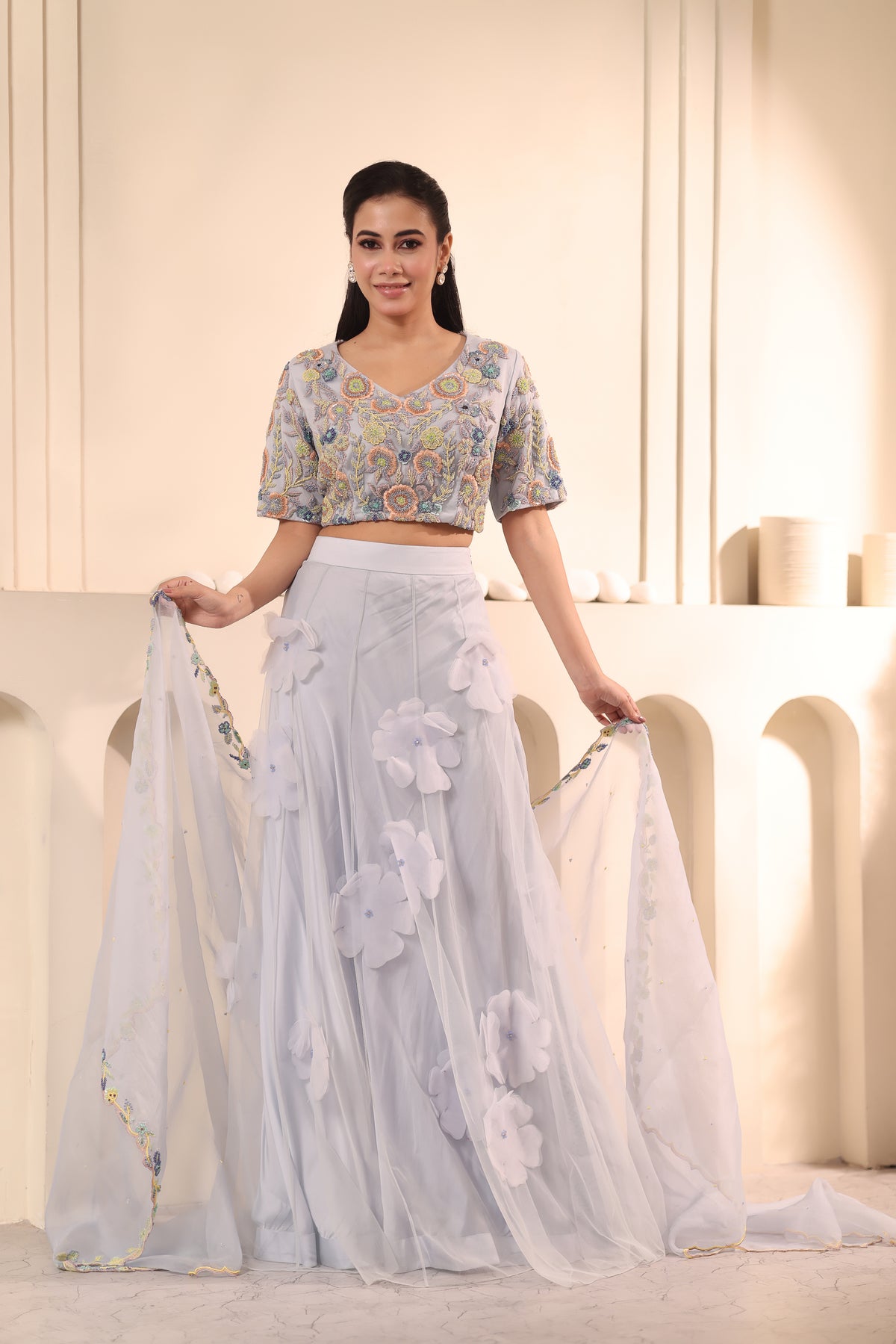 Lavender Floral Embroidered Three-Piece Set