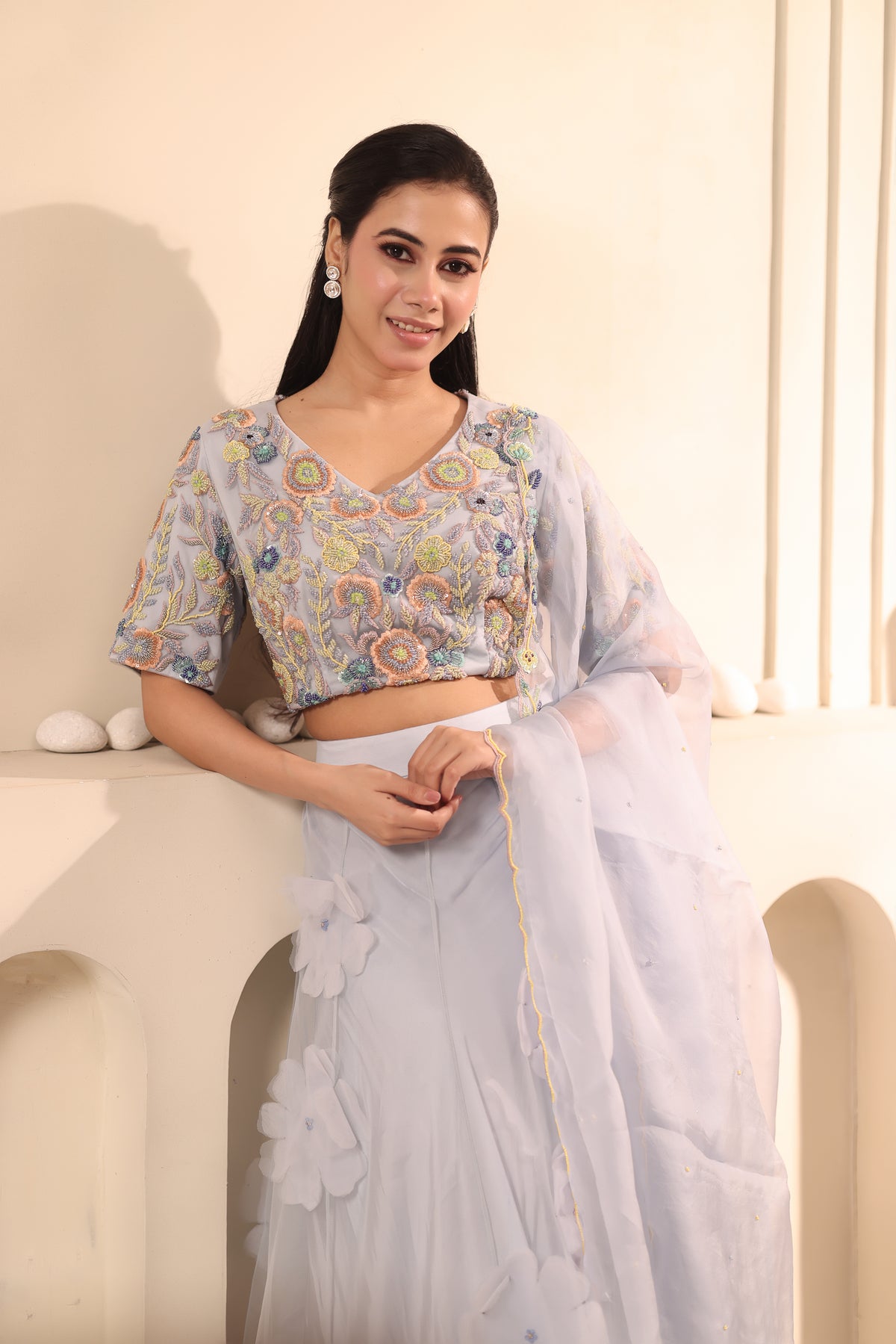Lavender Floral Embroidered Three-Piece Set