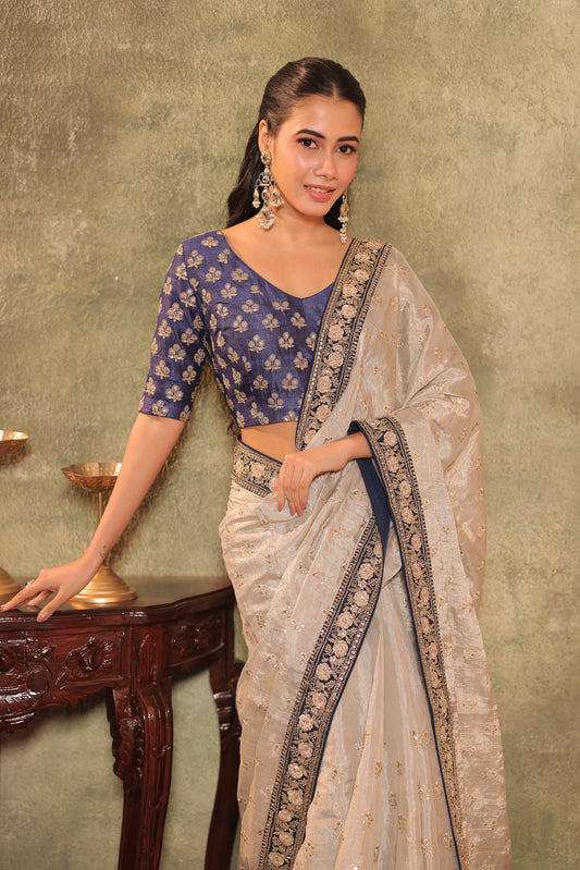Tissue Saree with Hand-Embroidered Border