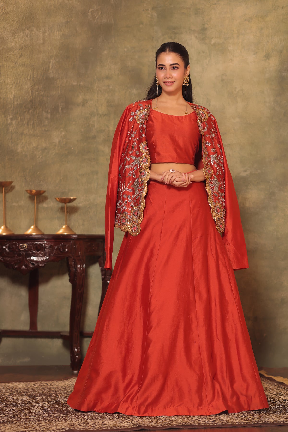 Rust Red Three-Piece Embroidered Lehenga Set