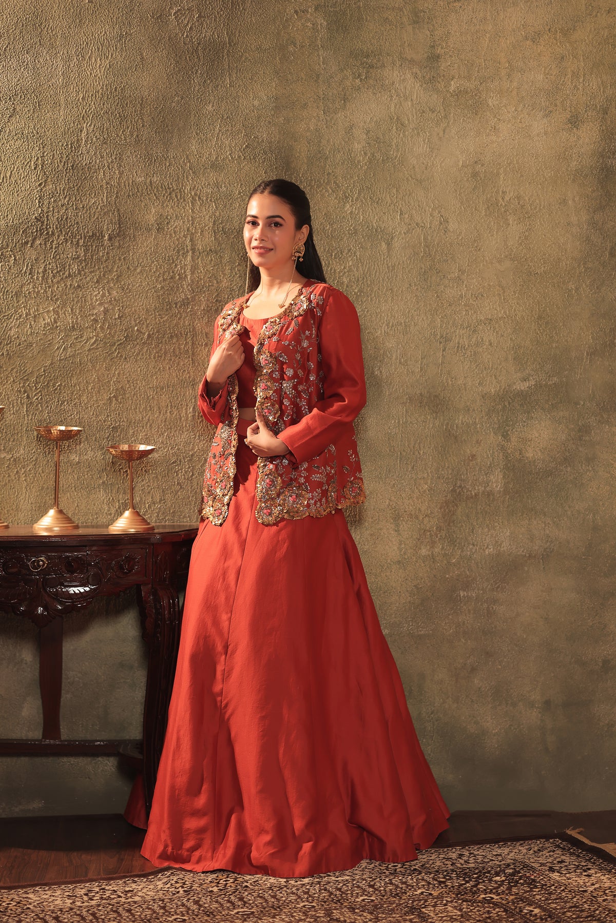 Rust Red Three-Piece Embroidered Lehenga Set