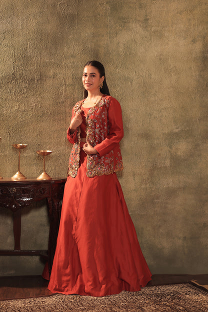 Rust Red Three-Piece Embroidered Lehenga Set
