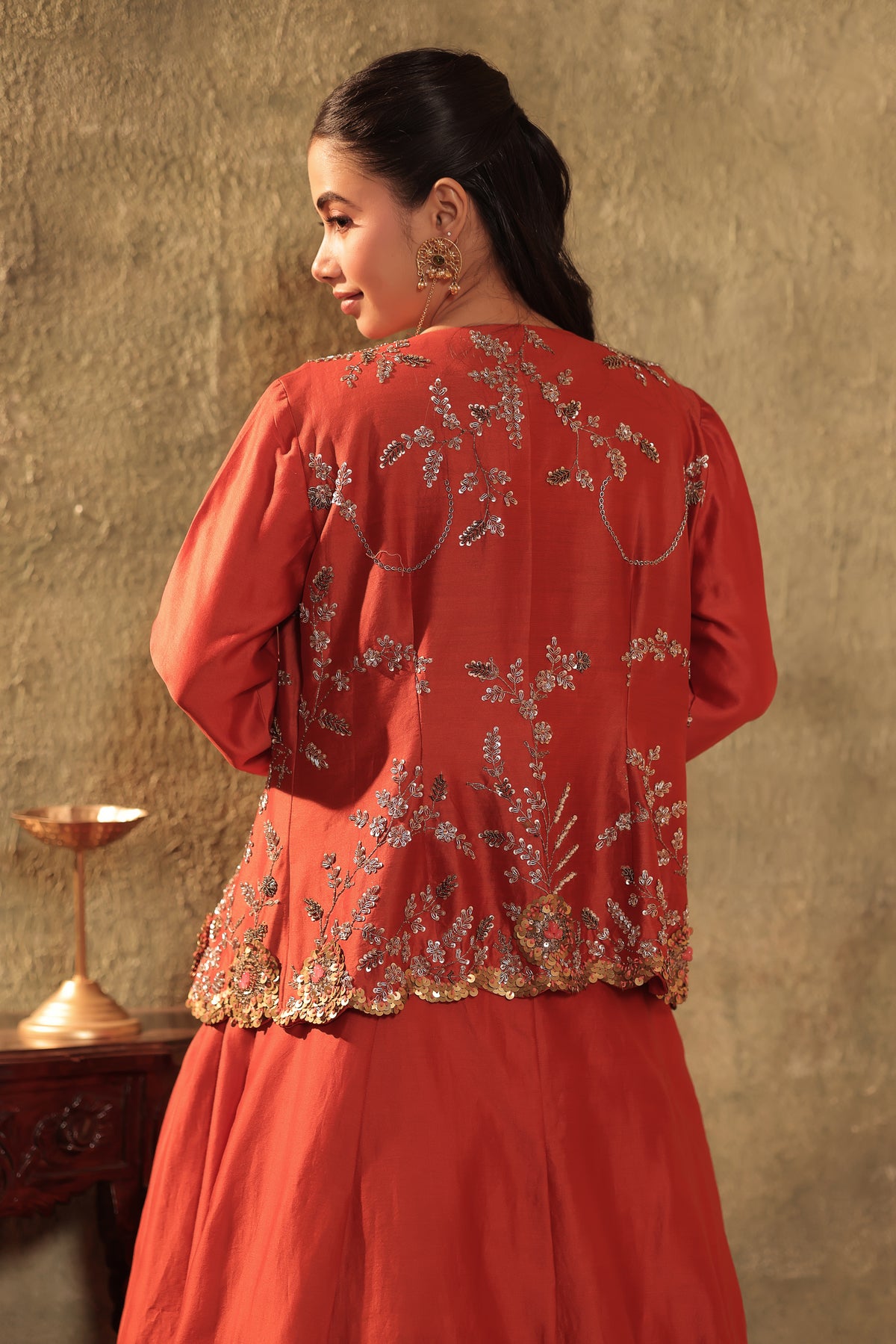 Rust Red Three-Piece Embroidered Lehenga Set