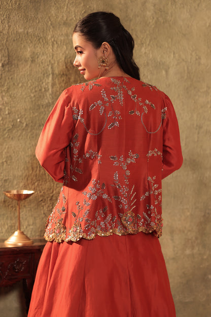 Rust Red Three-Piece Embroidered Lehenga Set