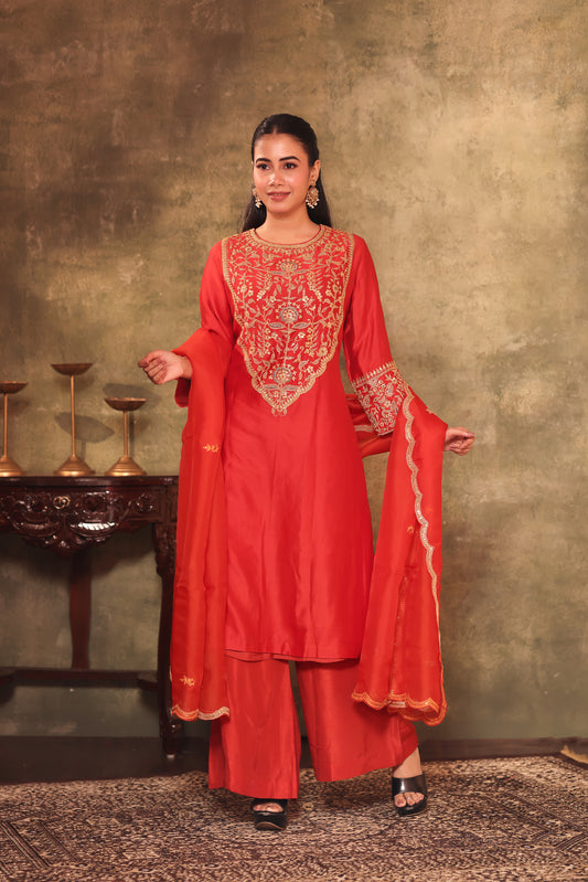 Coral Red Embroidered Three-Piece Kurta Set