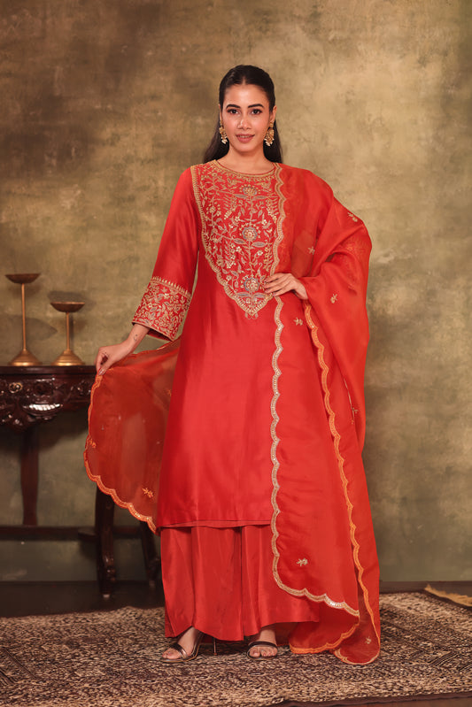 Coral Red Embroidered Three-Piece Kurta Set