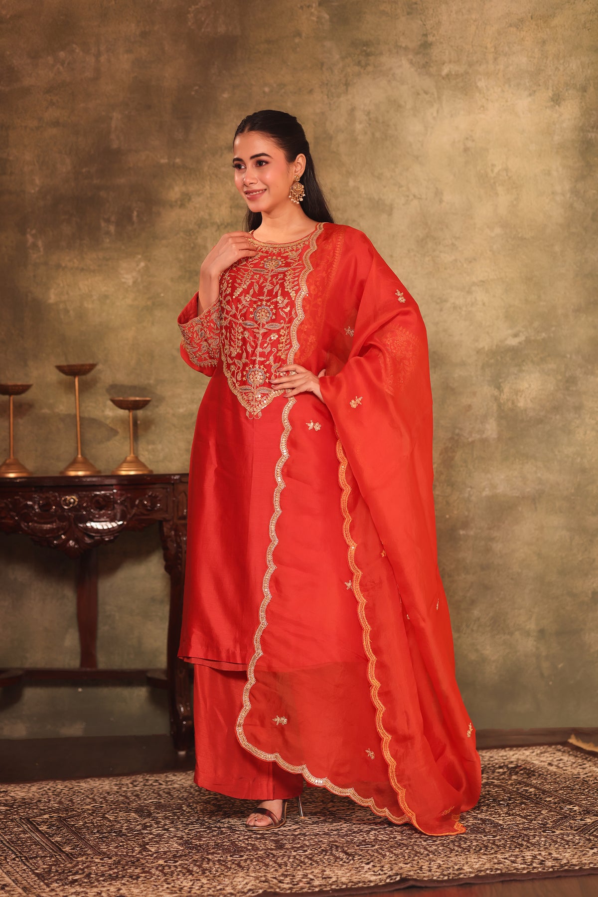 Coral Red Embroidered Three-Piece Kurta Set