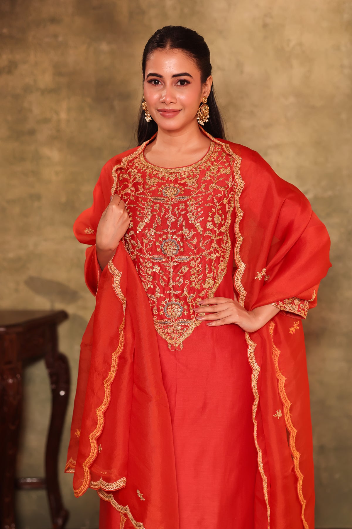 Coral Red Embroidered Three-Piece Kurta Set