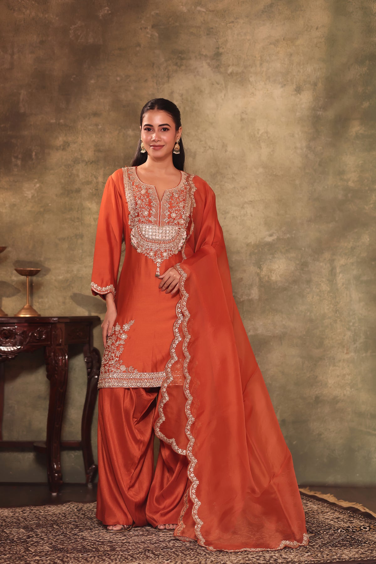Rust Orange Embroidered Kurta Palazzo Set