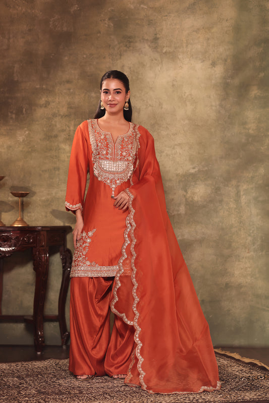 Rust Orange Embroidered Kurta Palazzo Set