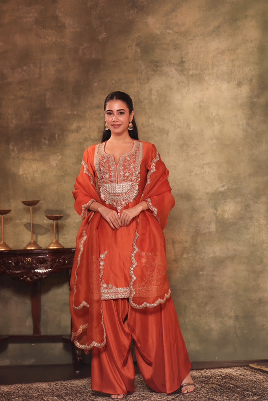 Rust Orange Embroidered Kurta Palazzo Set