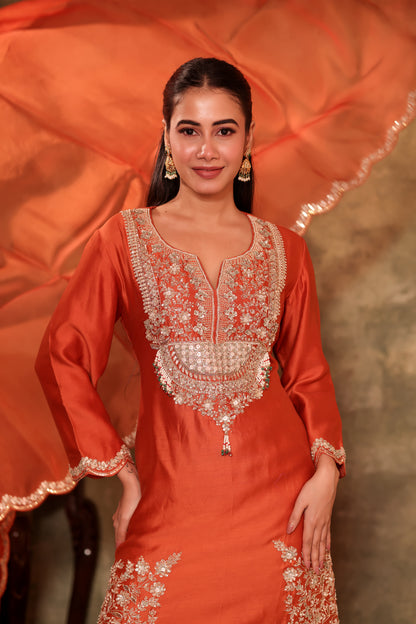 Rust Orange Embroidered Kurta Palazzo Set