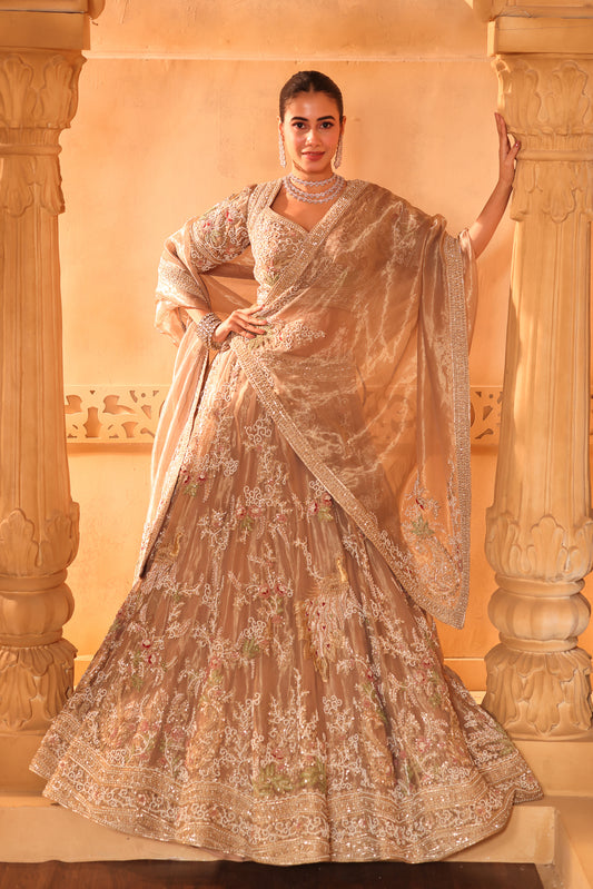 Beige Gold Embroidered Lehenga Set