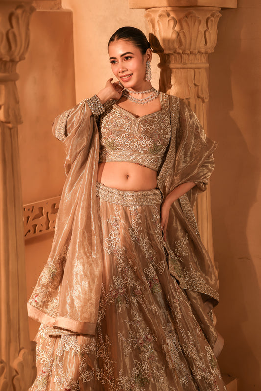 Beige Gold Embroidered Lehenga Set