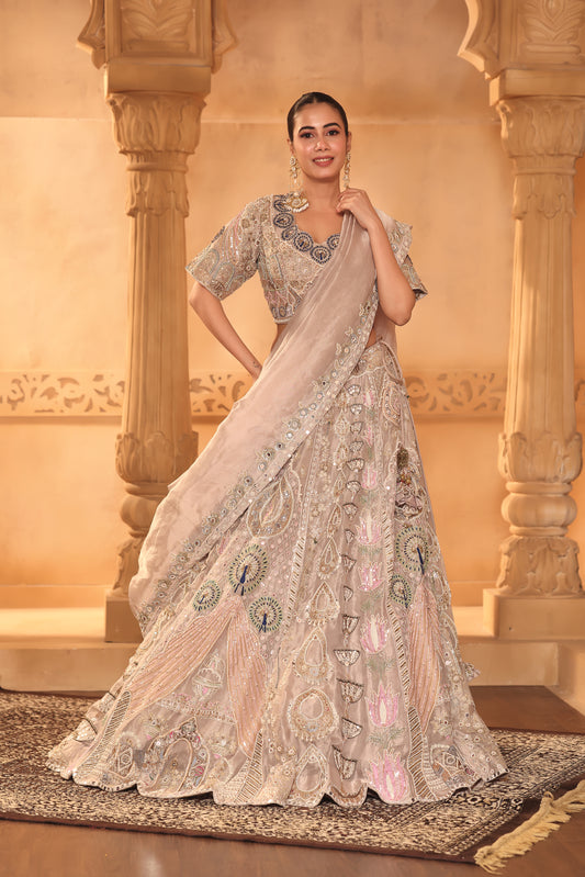 Baby Pink Gold Peacock Embroidered Bridal Tissue Lehenga