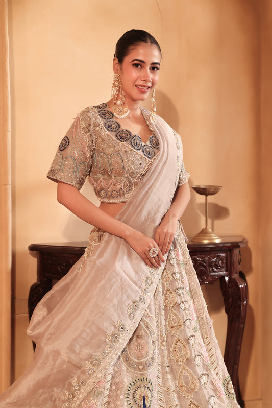 Baby Pink Gold Peacock Embroidered Bridal Tissue Lehenga