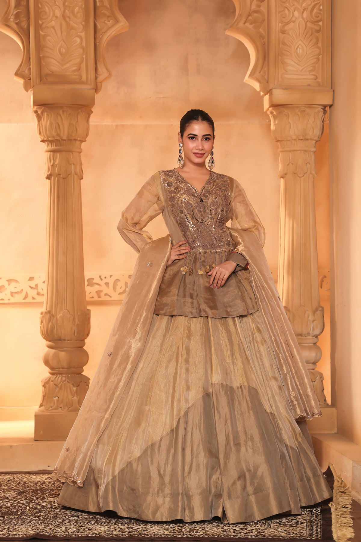 Golden Tissue Long Top & Ghaghra Set