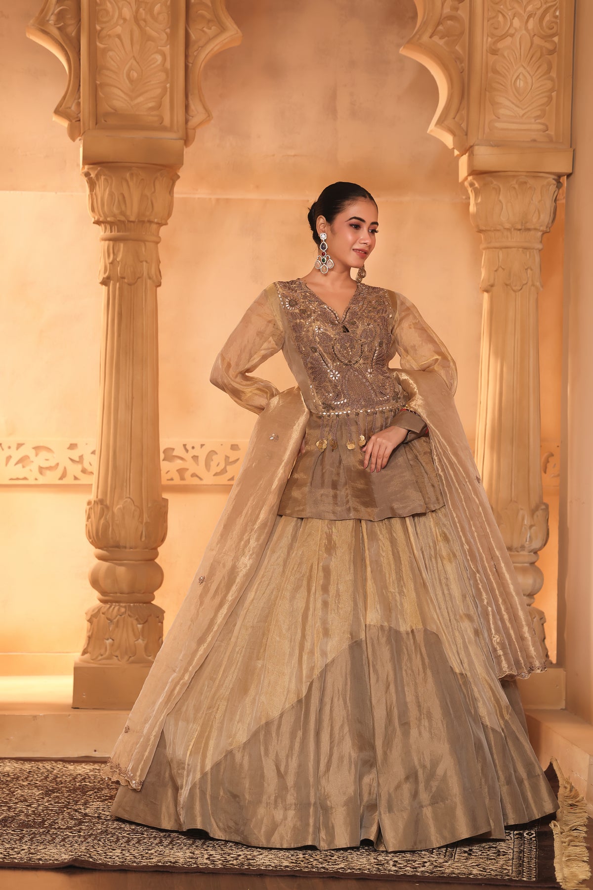 Golden Tissue Long Top & Ghaghra Set