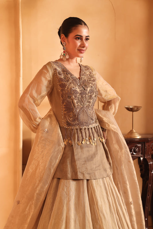 Golden Tissue Long Top & Ghaghra Set