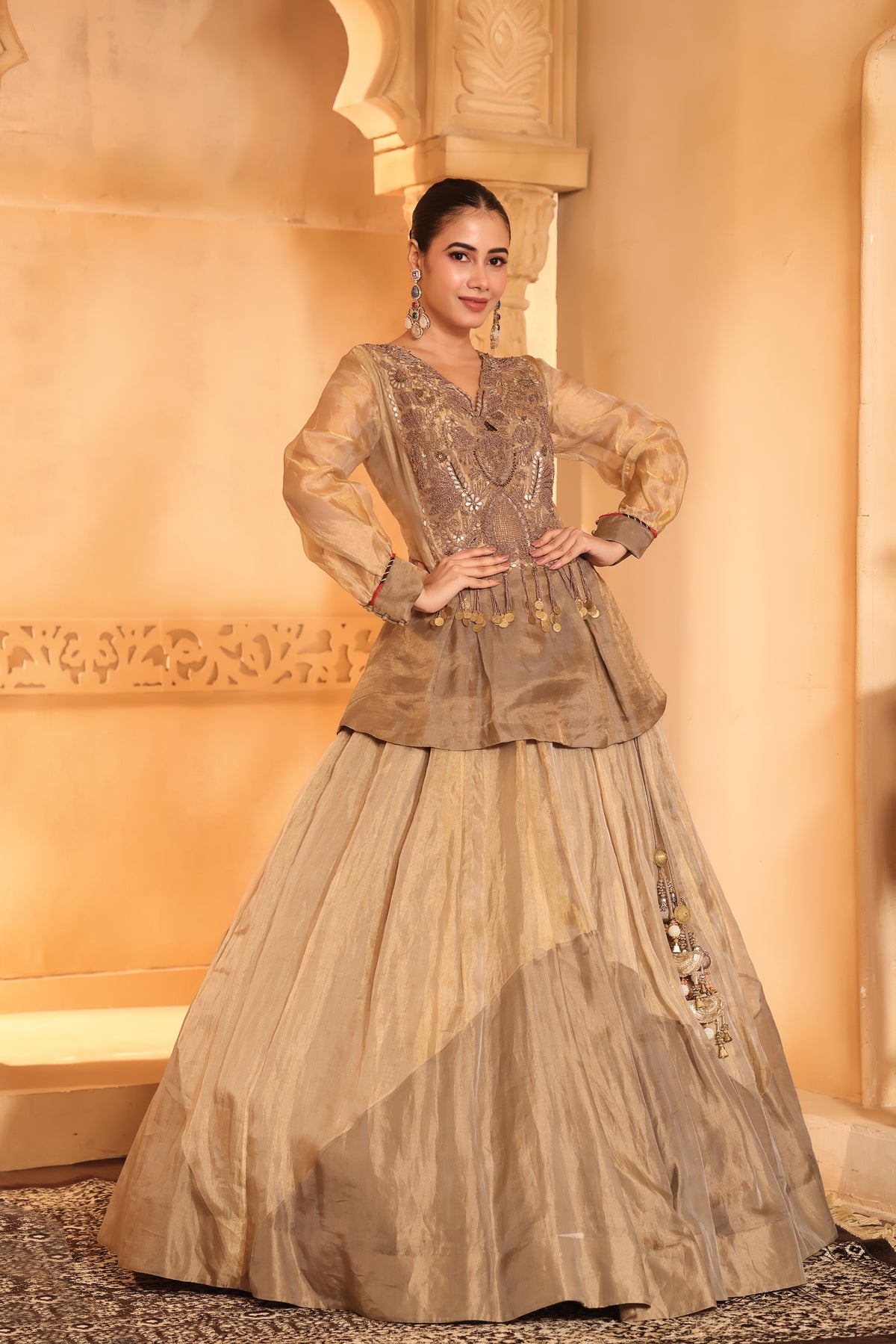 Golden Tissue Long Top & Ghaghra Set