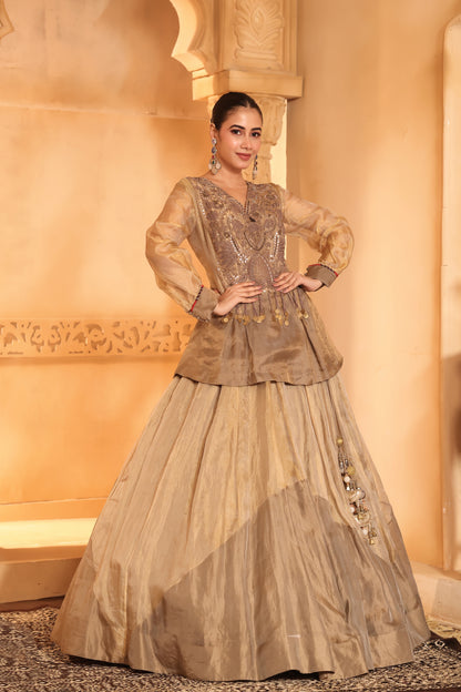 Golden Tissue Long Top & Ghaghra Set