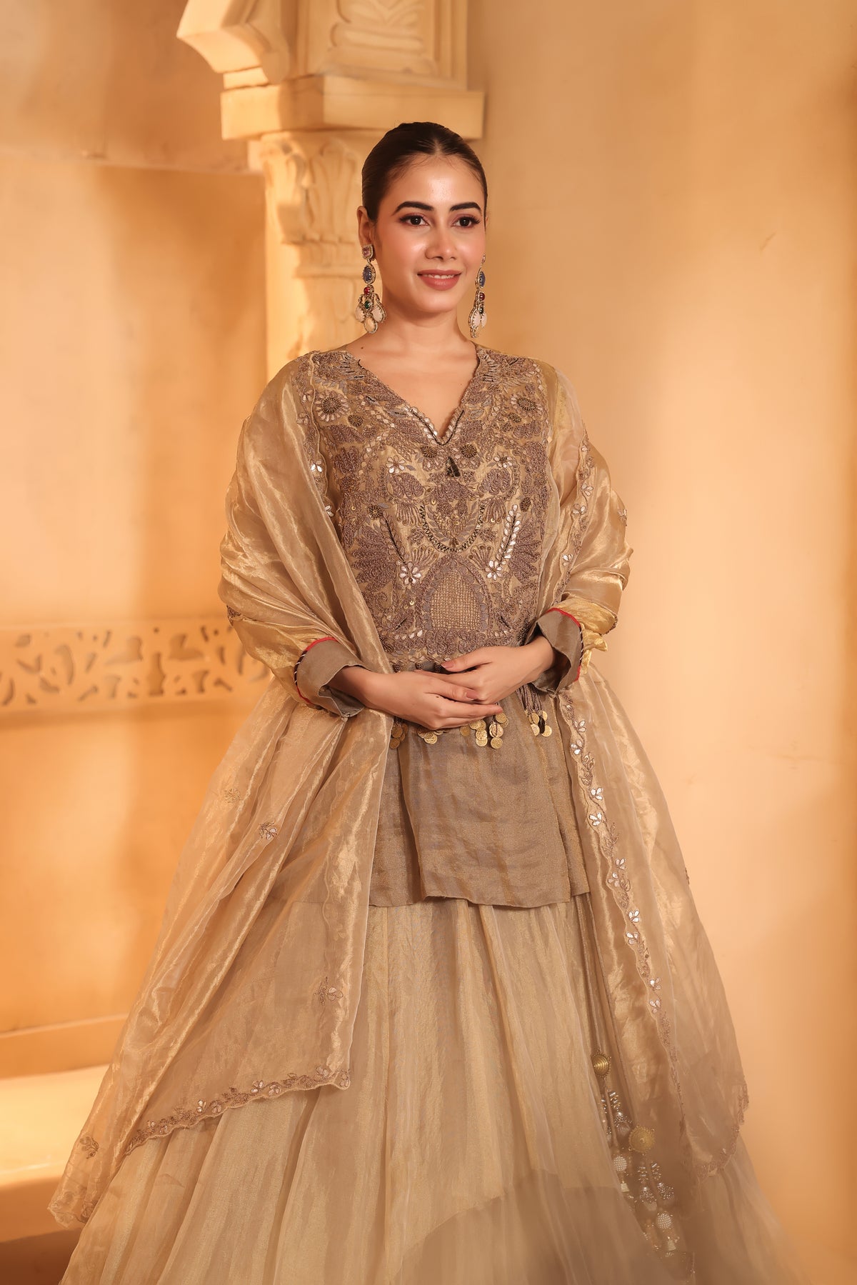 Golden Tissue Long Top & Ghaghra Set