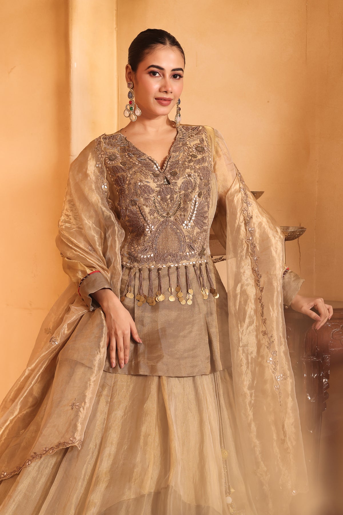 Golden Tissue Long Top & Ghaghra Set