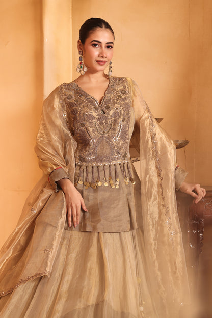 Golden Tissue Long Top & Ghaghra Set