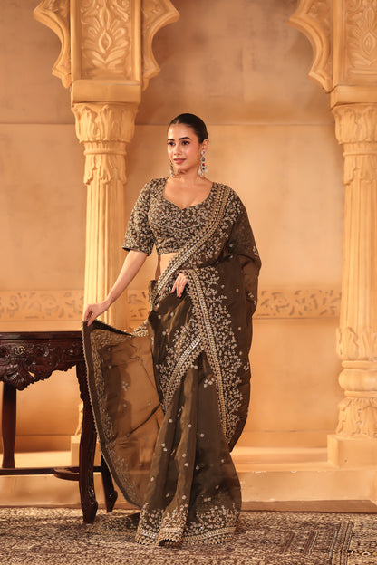 Dark Brown Embroidered Organza Saree