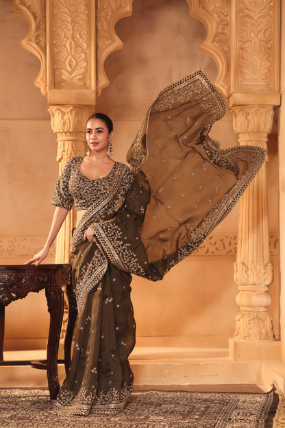 Dark Brown Embroidered Organza Saree