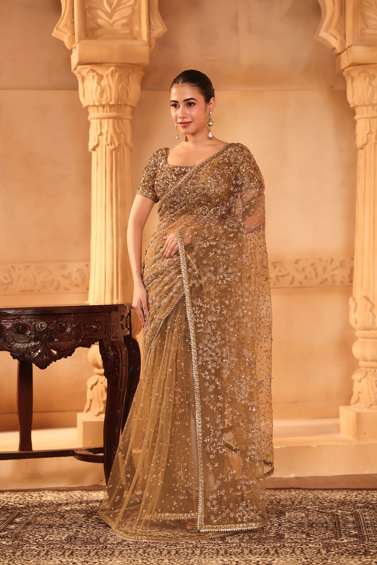 Golden Bronze Embroidered Saree