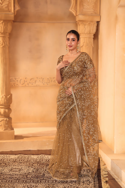 Golden Bronze Embroidered Saree