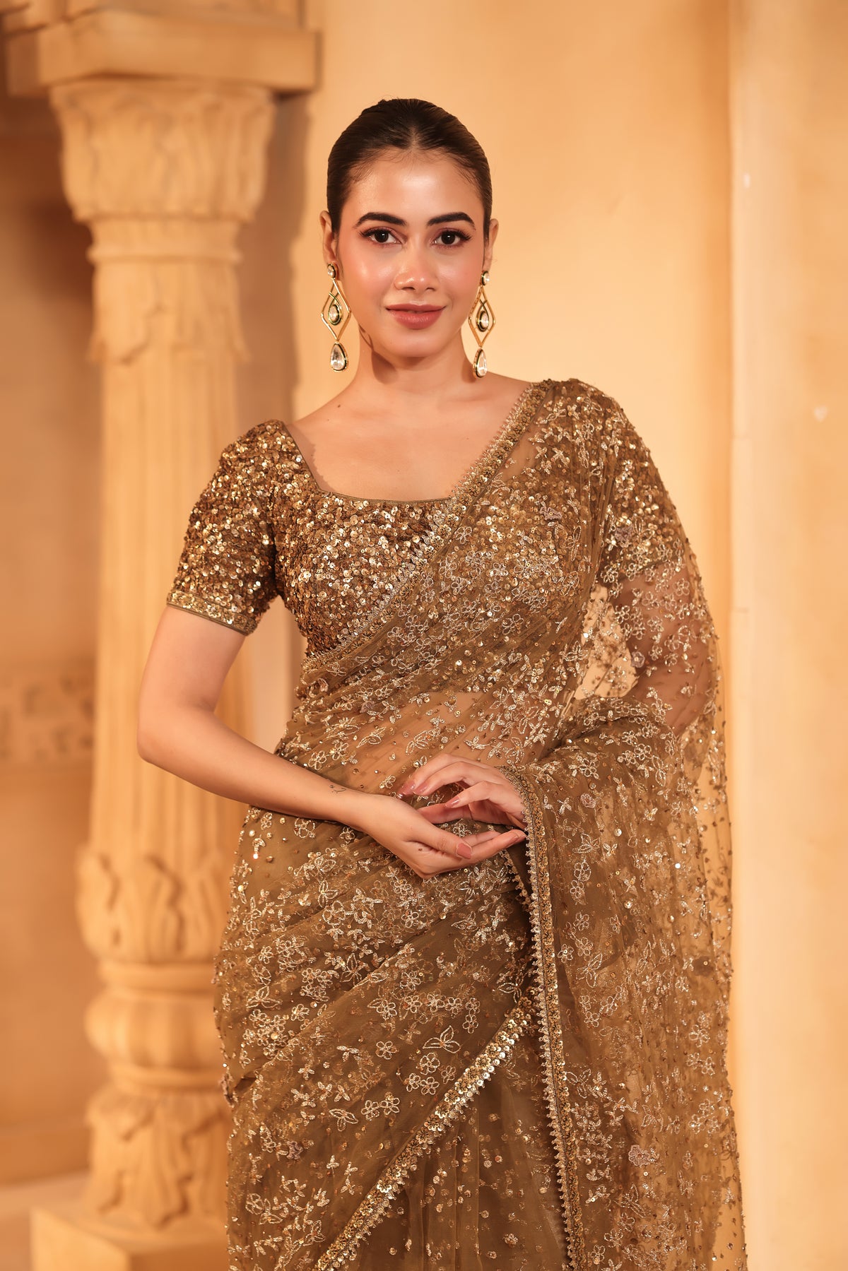 Golden Bronze Embroidered Saree