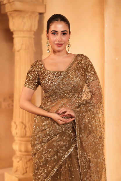Golden Bronze Embroidered Saree