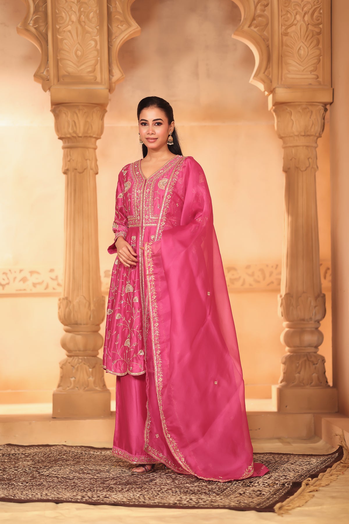 Rani Pink Hand-Embroidered Long Kurta Set