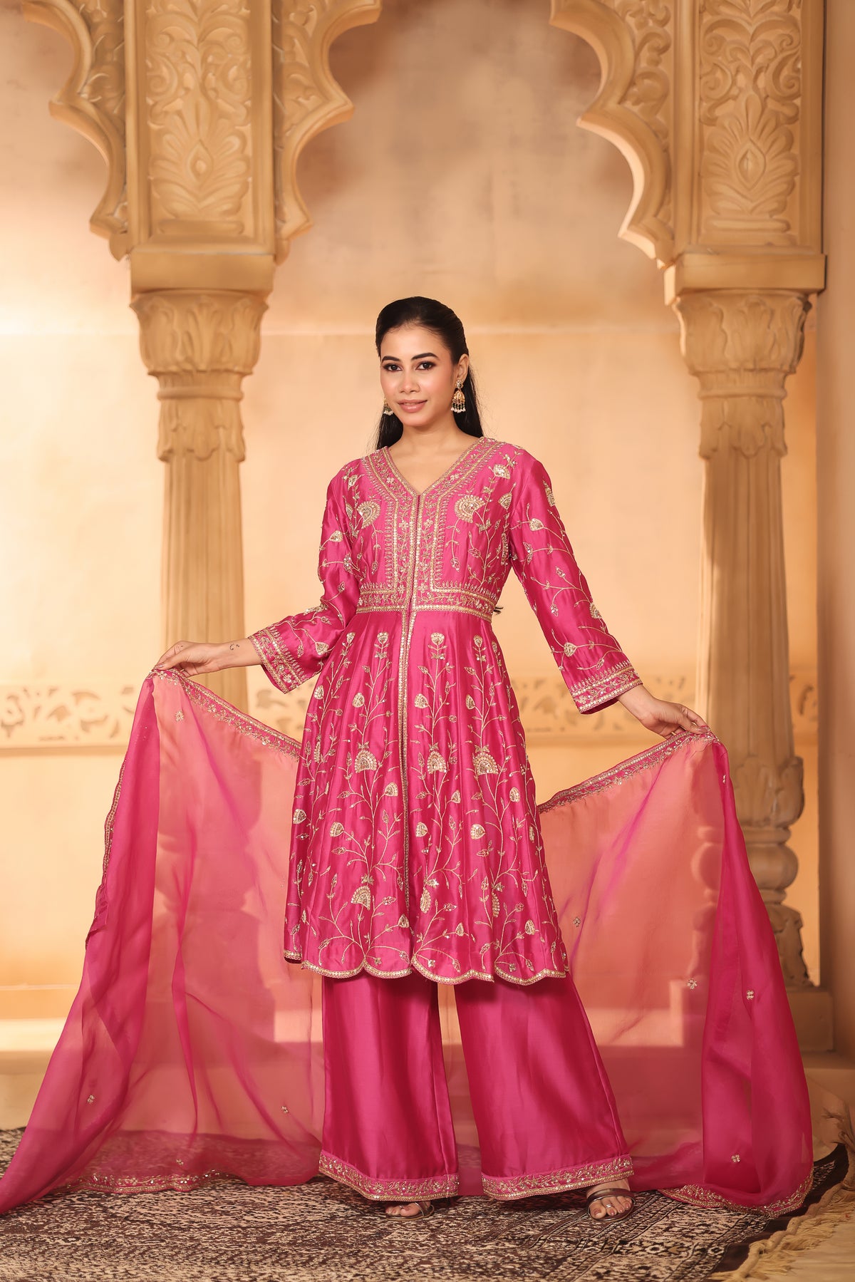Rani Pink Hand-Embroidered Long Kurta Set