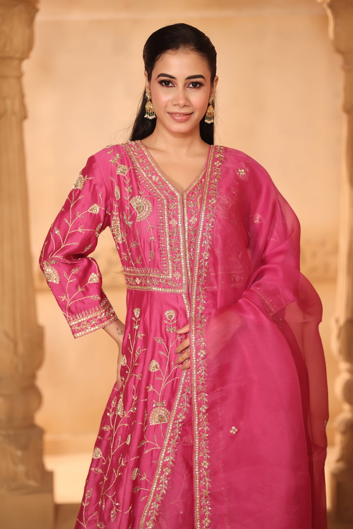Rani Pink Hand-Embroidered Long Kurta Set