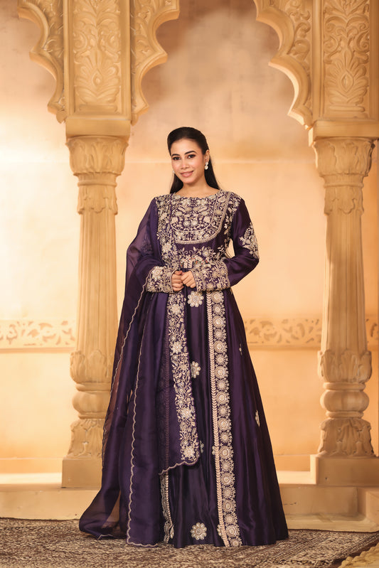 Deep Plum Embroidered Anarkali Set