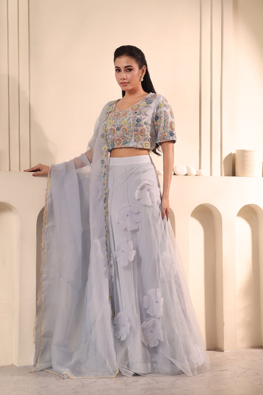 Lavender Floral Embroidered Three-Piece Set