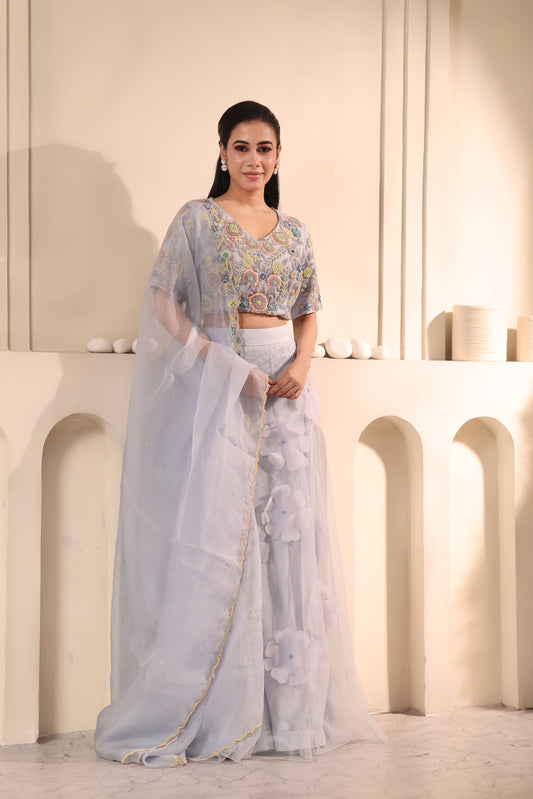 Lavender Floral Embroidered Three-Piece Set