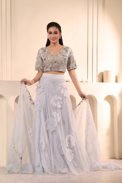 Lavender Floral Embroidered Three-Piece Set