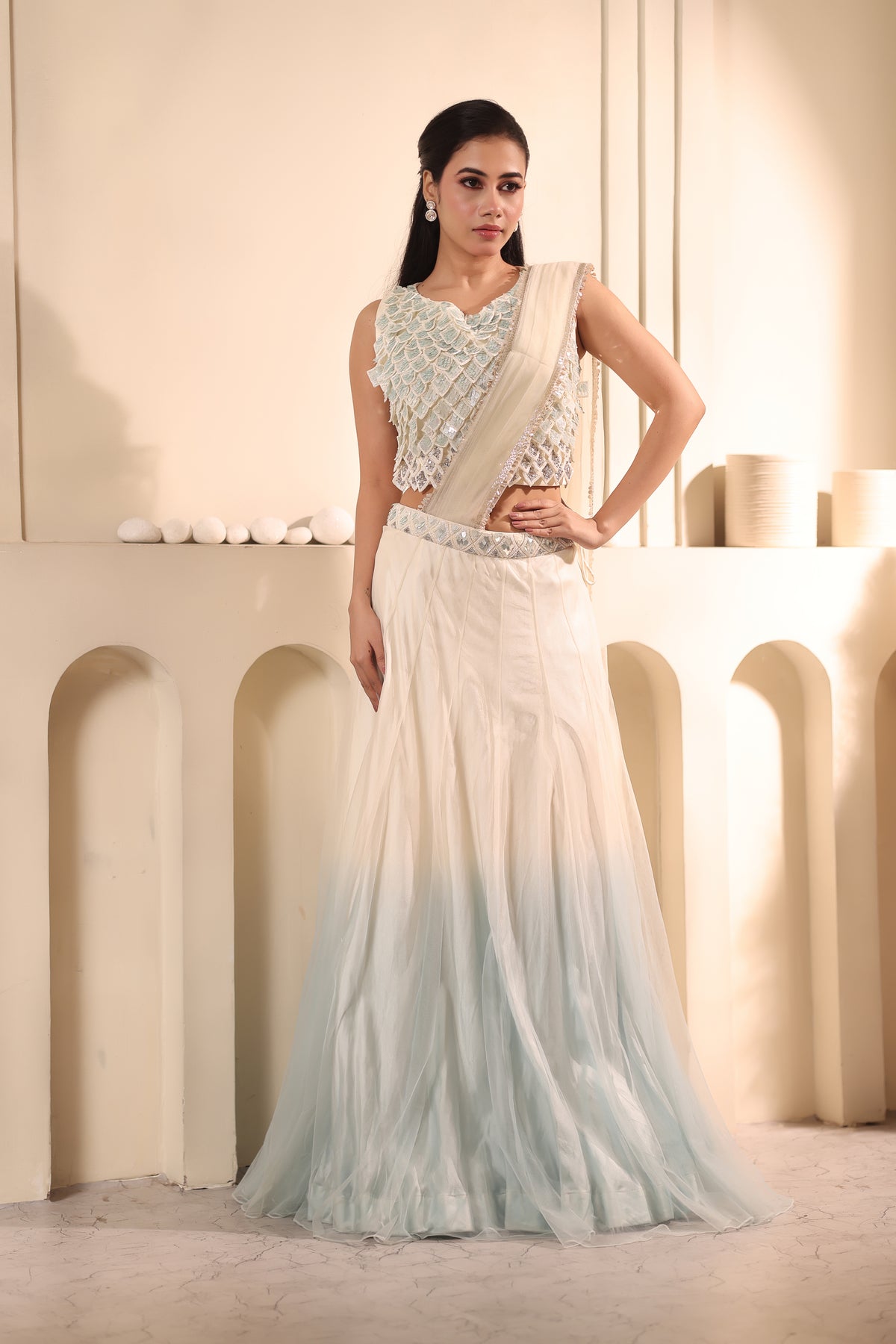 Ivory and Pastel Blue Fish Scale Draped Lehenga Set