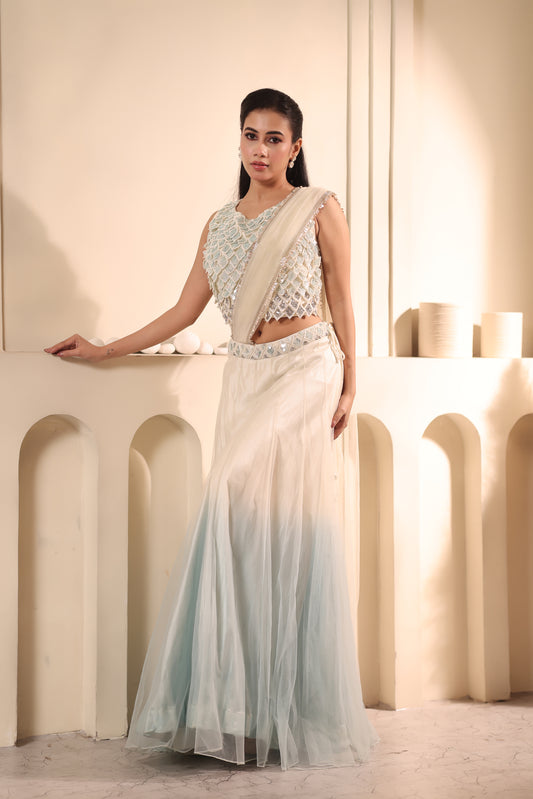 Ivory and Pastel Blue Fish Scale Draped Lehenga Set